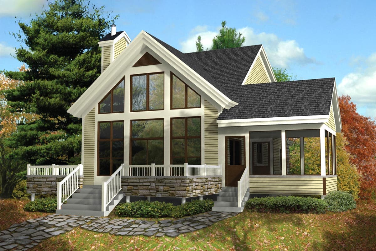 House plan exterior: Modern style, two stories, large gable with floor-to-ceiling windows, screened porch, stone foundation.