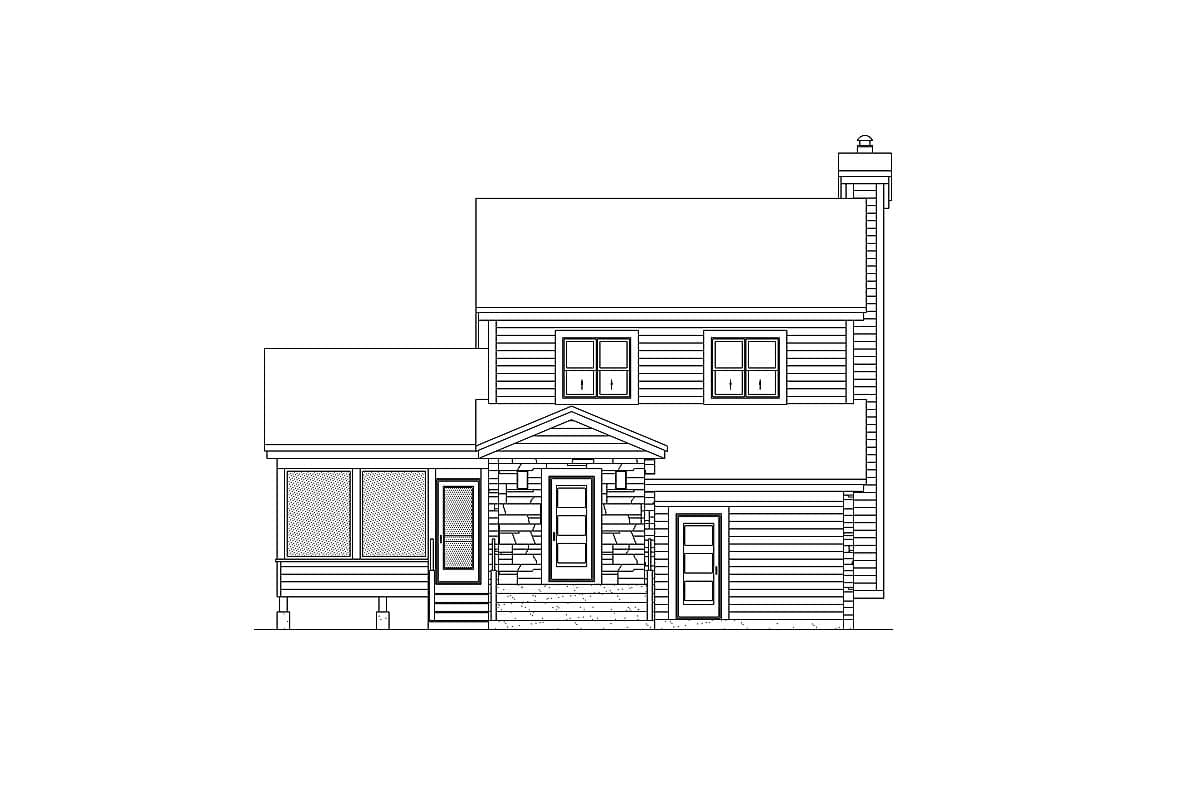 House plan exterior: Two-story dwelling with a screened porch, stone-clad entrance gable, and horizontal siding.