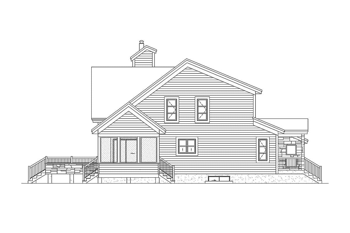 Side elevation drawing of a two-story house plan featuring horizontal siding, gabled roof, dormers, porch, and deck.