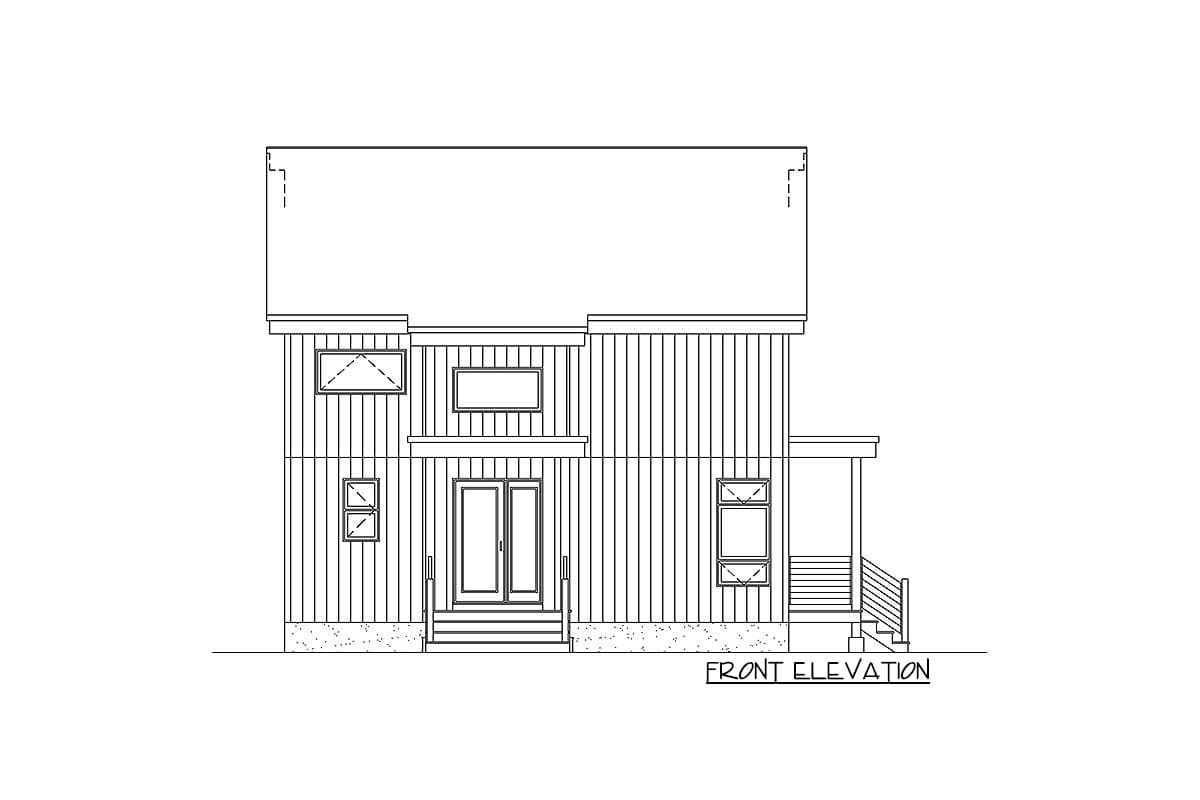 Front elevation drawing of a modern house plan with a gable roof, double doors, and a porch with stairs.