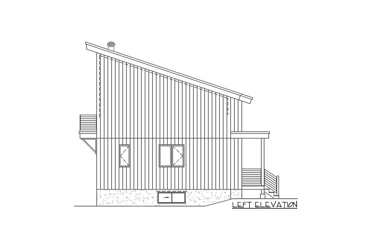 Left elevation drawing of a two-story house plan with a sloped roof, chimney, two windows, and a covered porch.