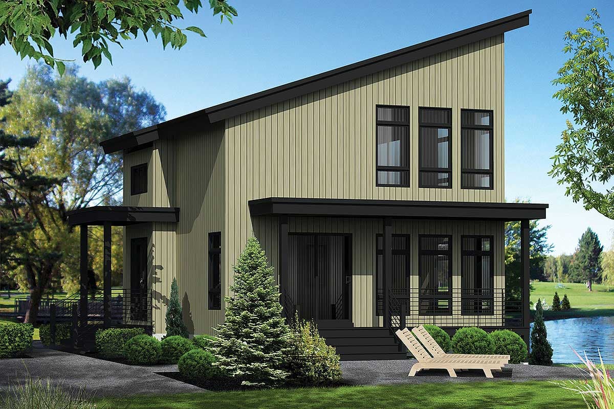 Modern two-story house plan exterior with a sloped roof, vertical siding, covered porch, and large windows.