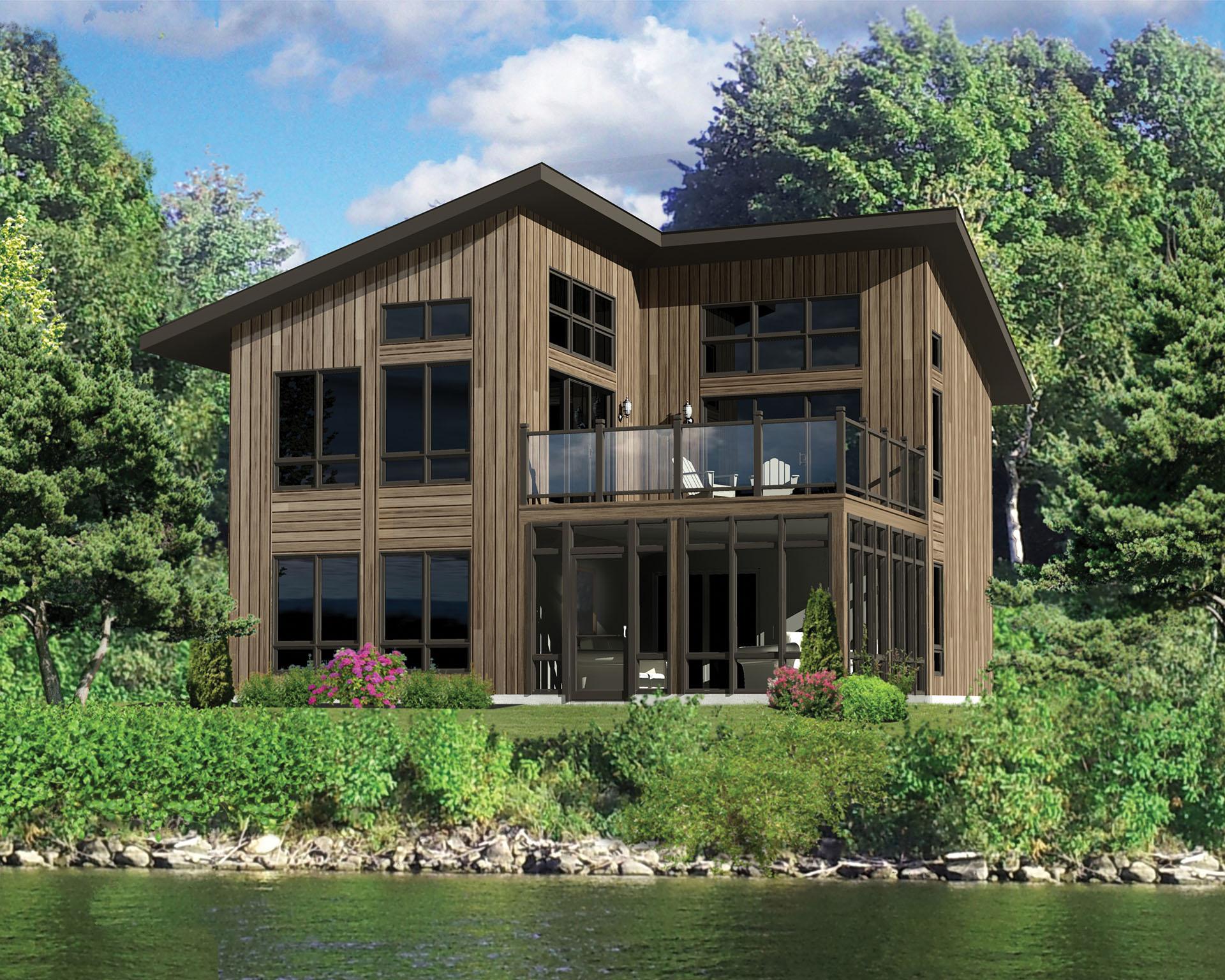 Modern house plan exterior with vertical wood siding, large windows, upper balcony, and screened-in lower level.