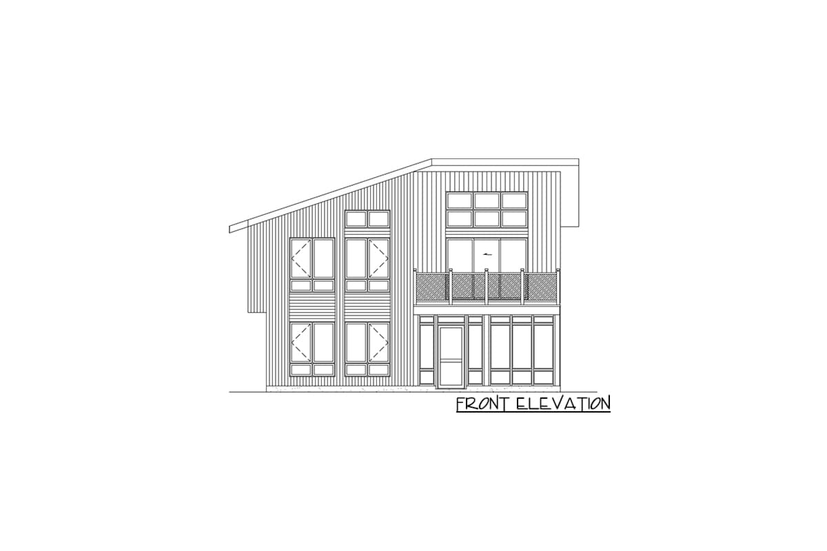 Front elevation drawing of a two-story house with vertical siding, multiple large windows, a second-story balcony, and a contemporary roofline.