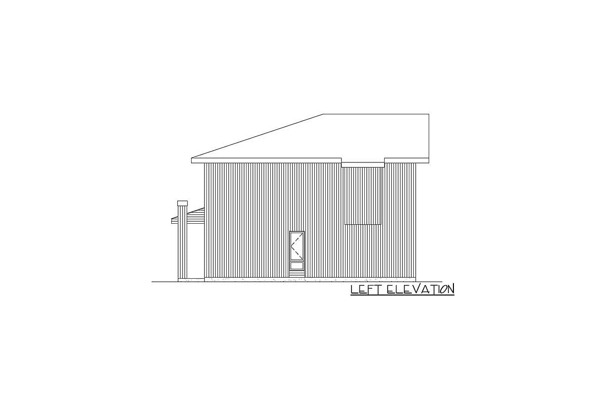 Left elevation of a house plan showing a sloped roof, vertical siding, and a single door.