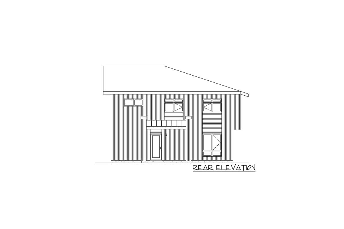 Rear elevation drawing of a two-story house plan with a shed roof, vertical siding, and a central entrance with a canopy.