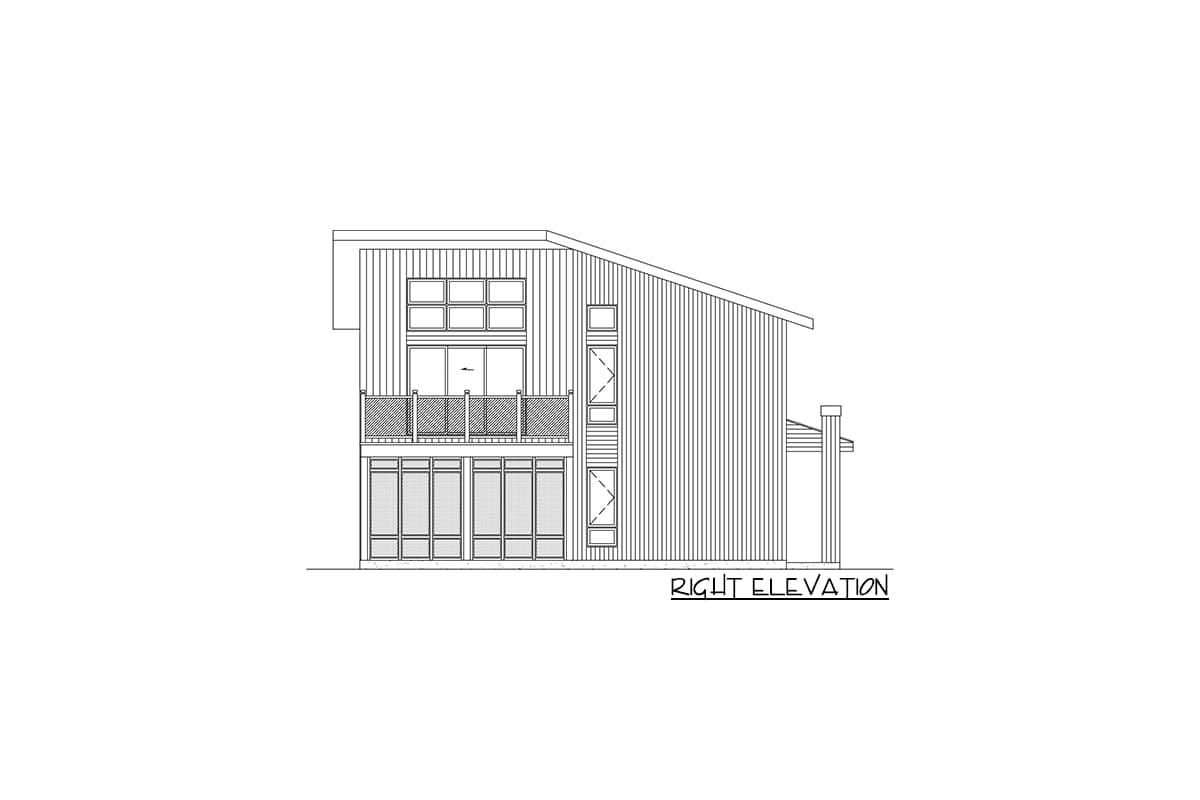 Right elevation house plan showing a two-story modern home with a sloped roof, balcony, and multiple window configurations.