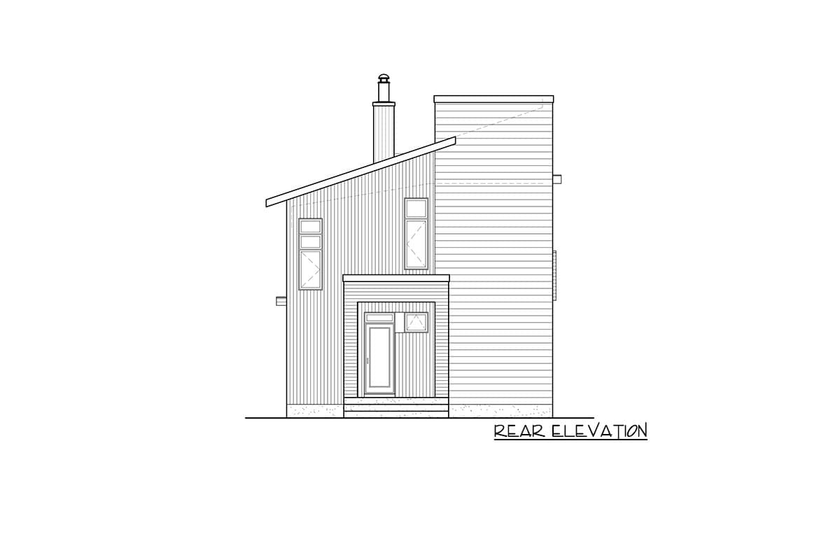 Rear elevation drawing of a two-story house with a shed roof, covered entry, and prominent chimney.