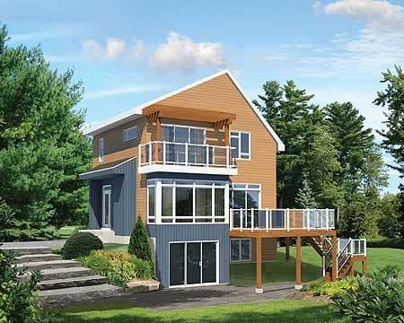 Modern house plan exterior with two stories, balconies, large windows, and a sloped roof.