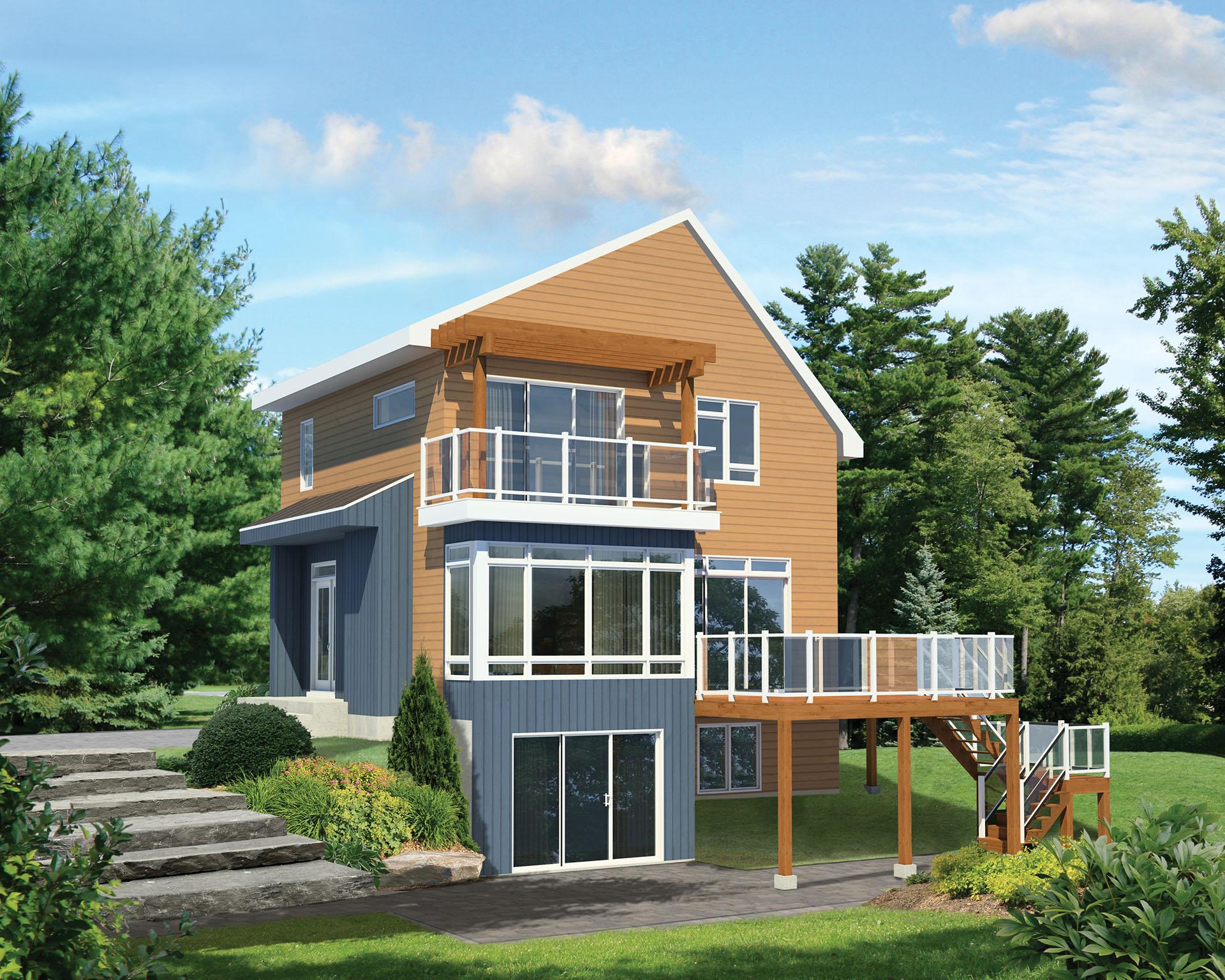 Modern house plan exterior with multiple decks, large windows, wood siding, and a gabled roof.