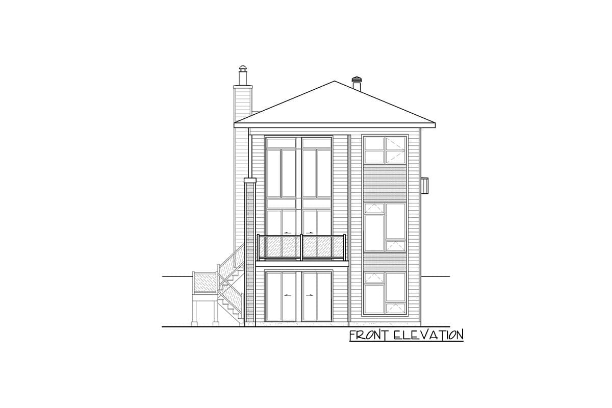 Front elevation drawing of a house plan with a pitched roof, chimney, and multiple levels of windows and a balcony.
