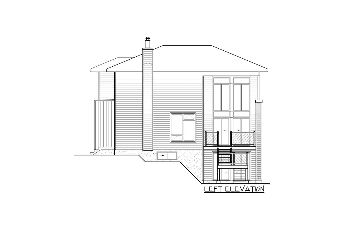 Left elevation drawing of a house plan showing siding, a chimney, multiple windows, and a two-level deck with railings.