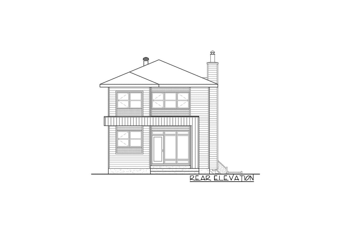 Rear elevation drawing of a two-story house plan with a hip roof, chimney, and a cantilevered second story over a glass-enclosed entrance.