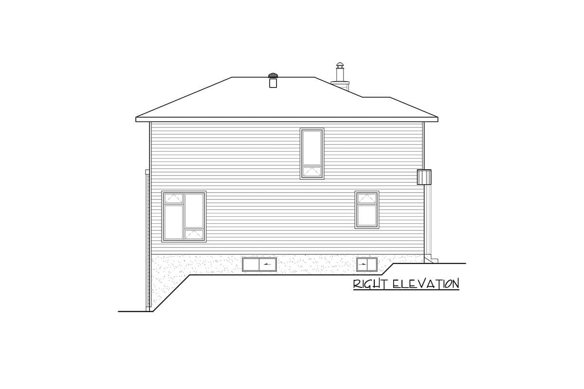 Right elevation drawing of a two-story house with horizontal siding, a pitched roof, two chimneys, and multiple windows.