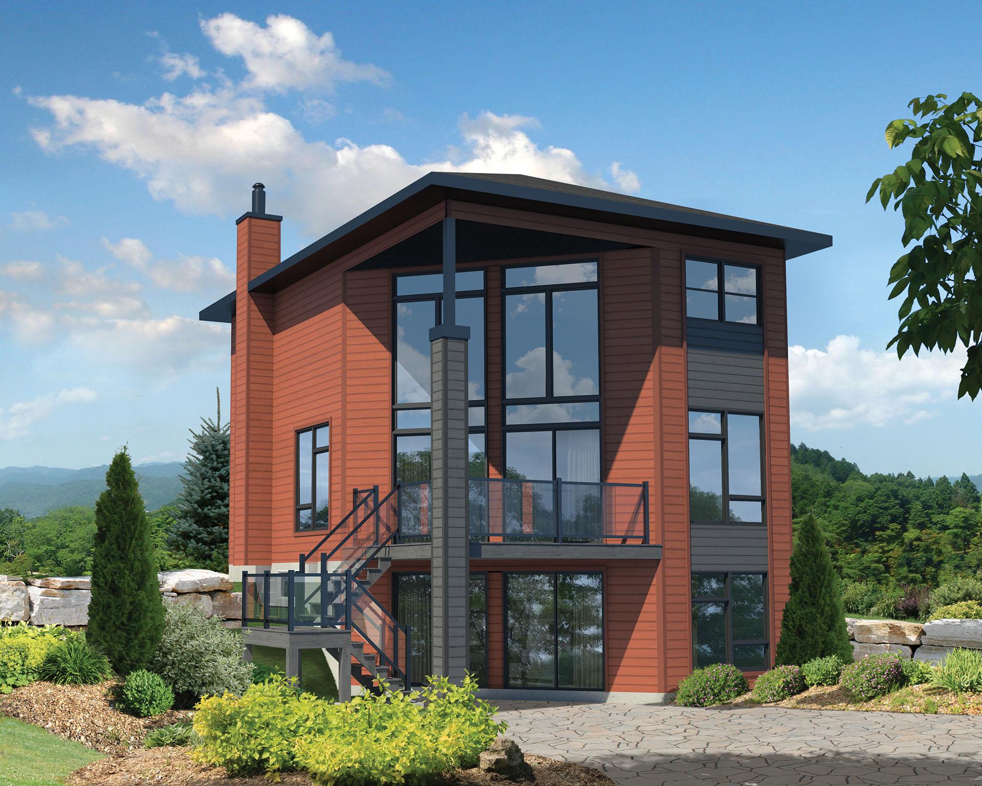 Modern house plan exterior with three stories, brick siding, large windows, external stairs, and glass balcony railings.