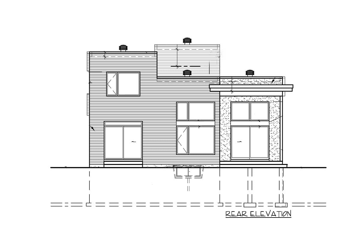 Rear elevation drawing of a two-story house with horizontal siding, multiple windows, and a flat roof.