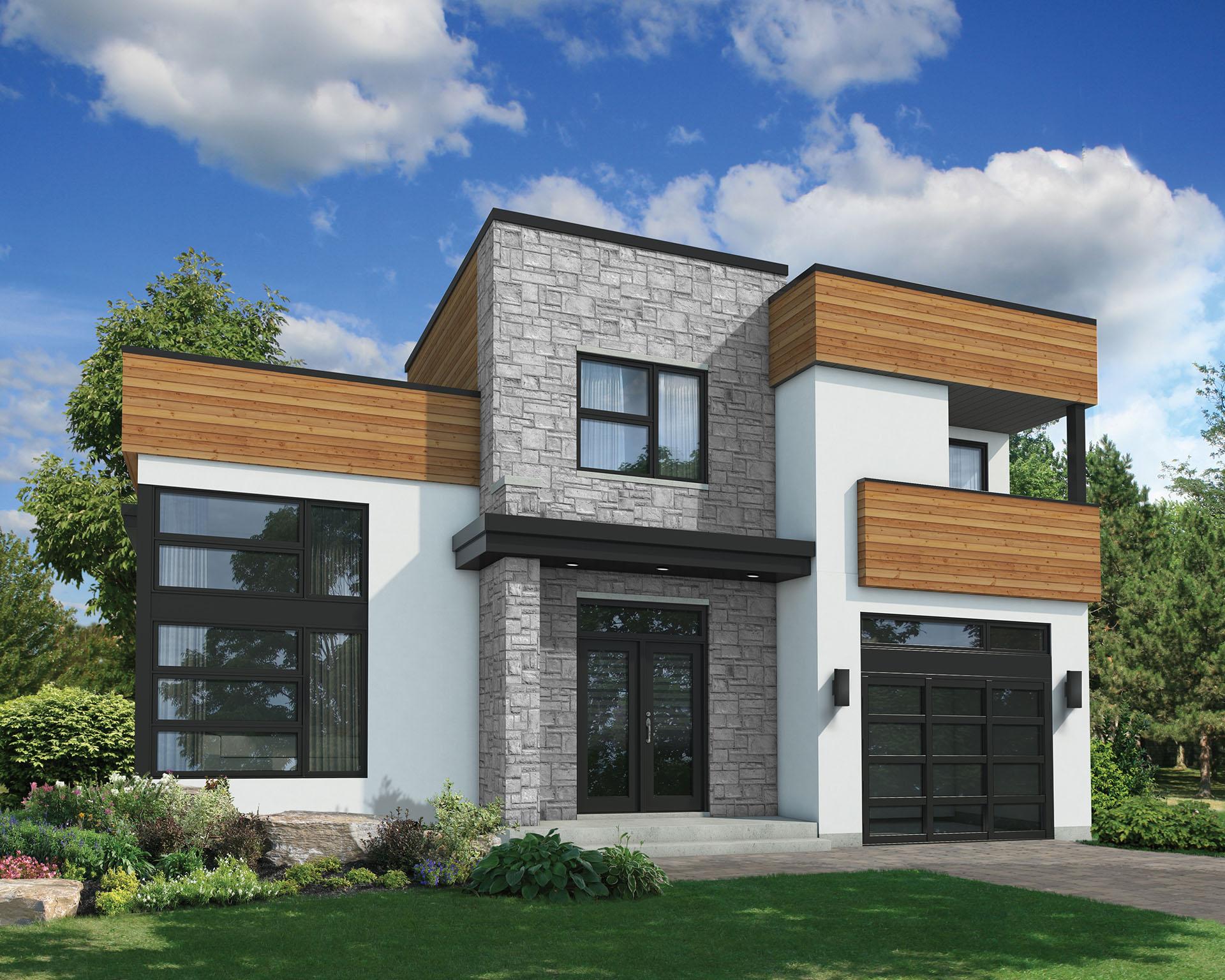 Modern house plan exterior with stone facade, wood accents, large windows, covered balcony, and glass garage door.