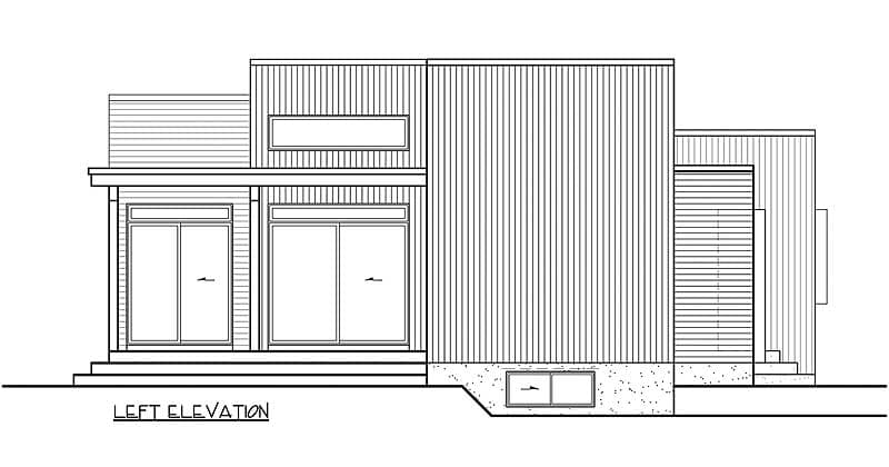 Left elevation floor plan of a modern house with vertical siding, multiple window types, and a cantilevered upper level.