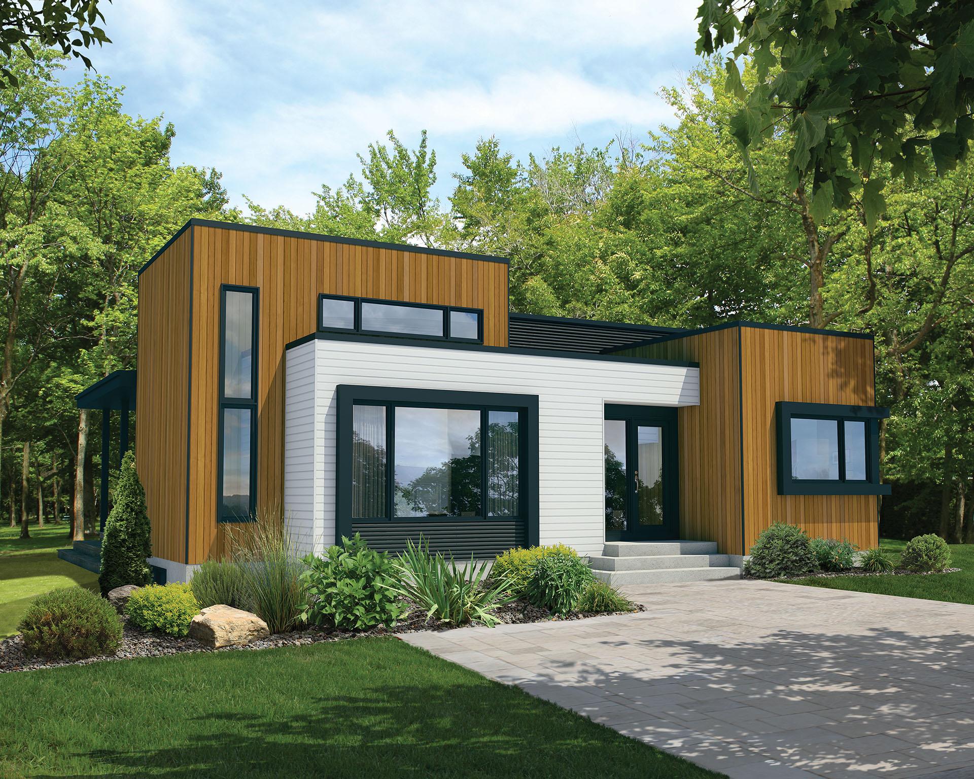 Modern one-story house plan exterior with wood siding, white stucco, and dark-trimmed windows.