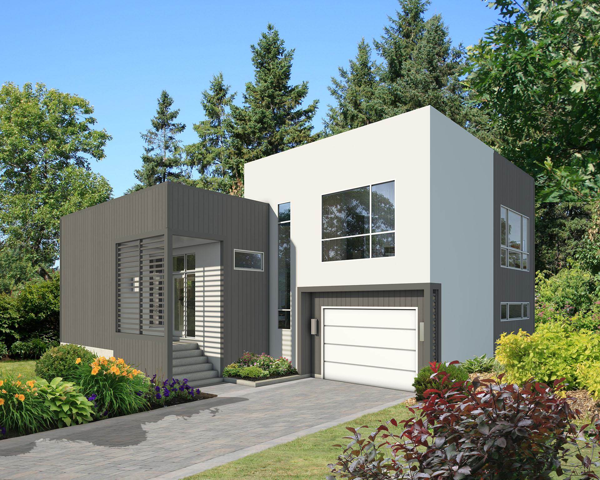 Modern house plan exterior with two stories, a covered entry with louvered screens, and a white garage door.