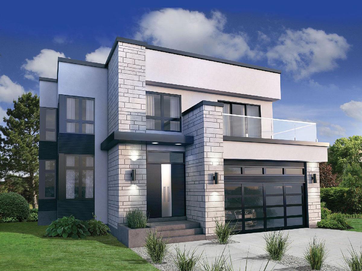 Modern two-story house plan exterior with stone accents, covered entry, balcony, and glass garage door.