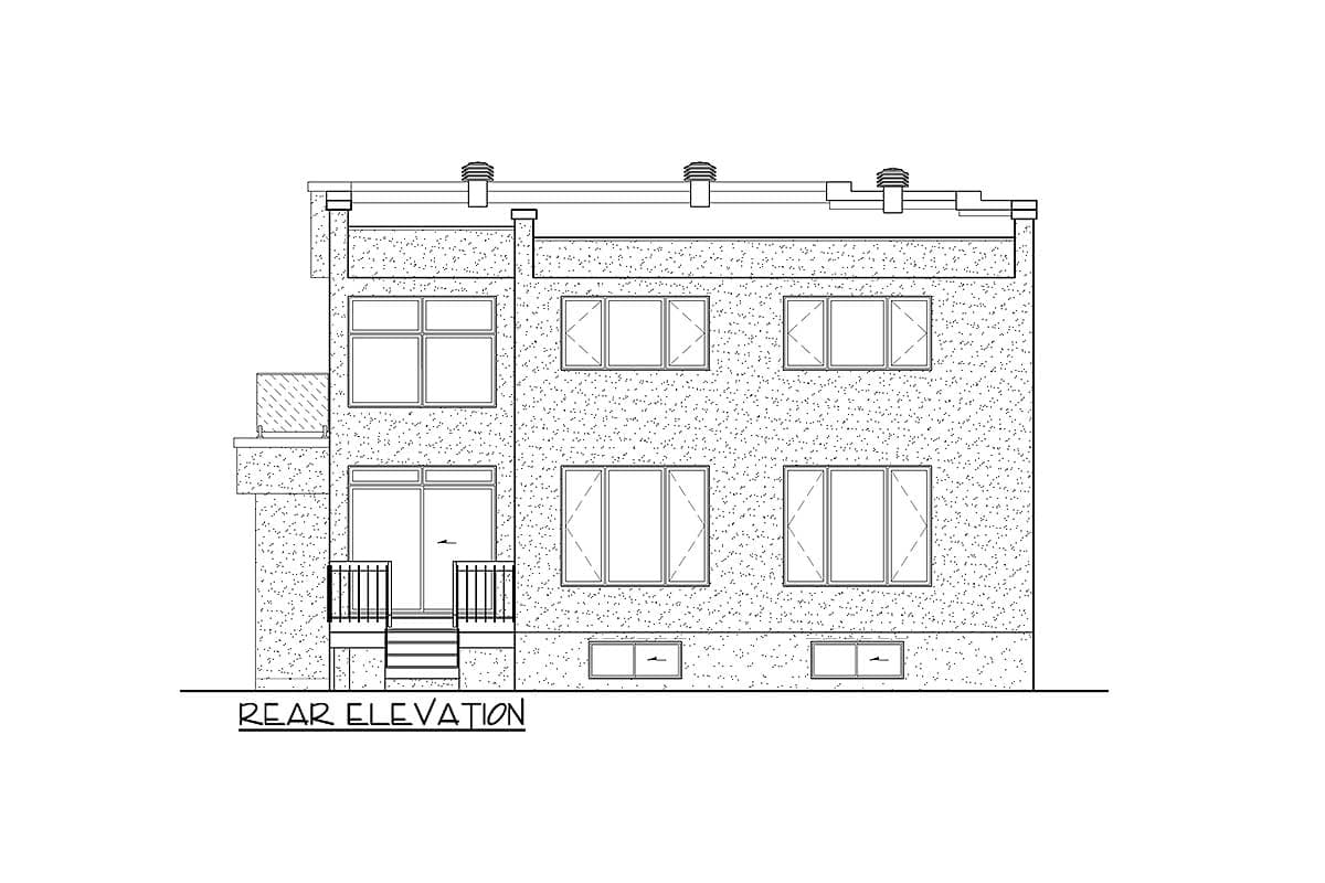 Rear elevation drawing of a two-story house with multiple windows, a balcony, and a set of stairs leading to a door.