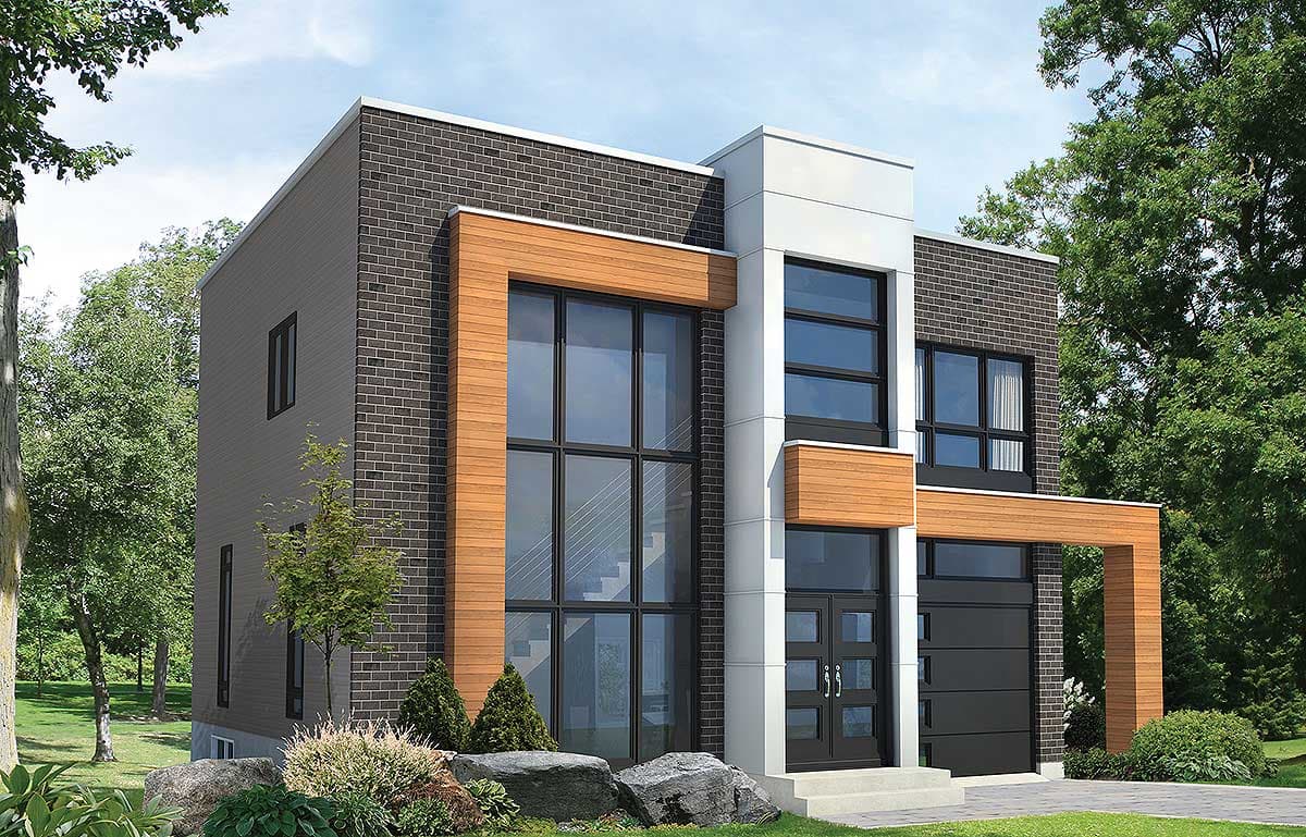 Modern two-story house plan exterior with dark brick, wood accents, large windows, double front doors, and attached garage.