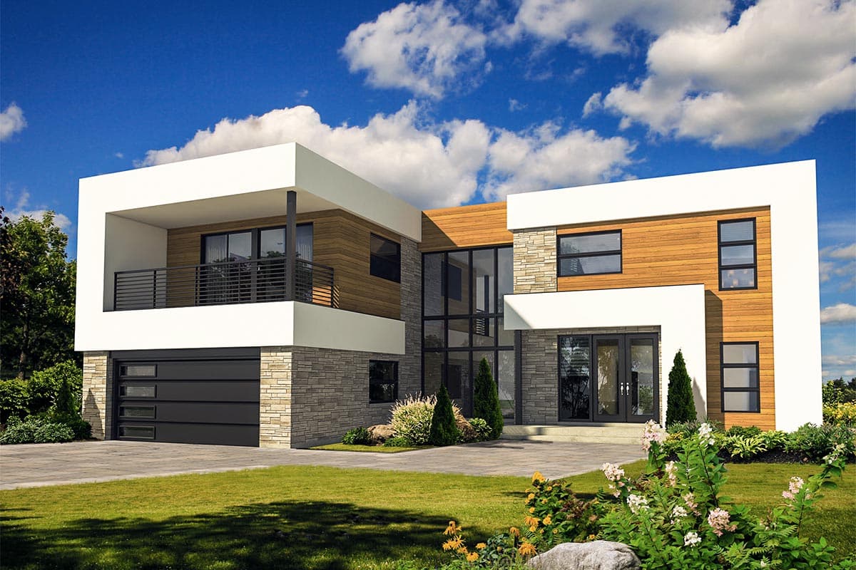 Modern two-story house plan exterior with stone, wood, and white stucco finishes, a balcony, and a multi-panel garage door.