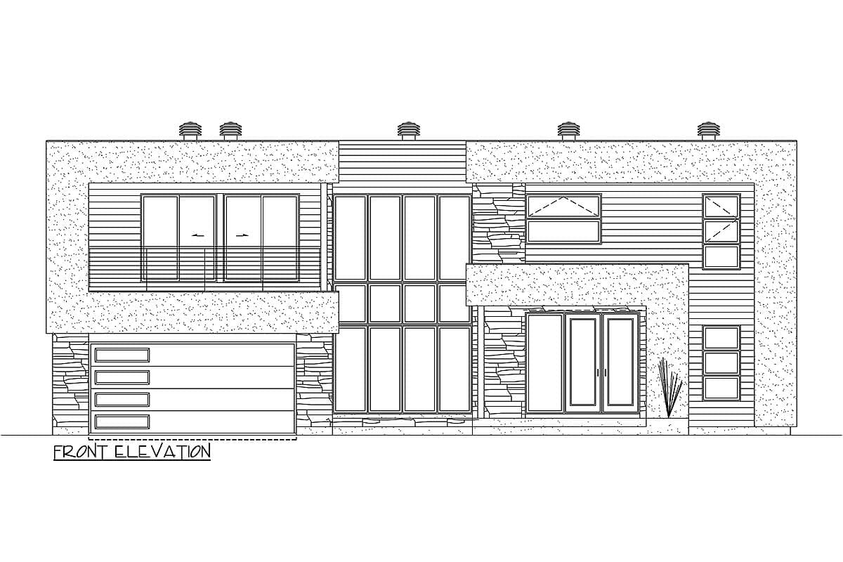 Front elevation of a two-story house plan with stone and horizontal siding, a multi-panel window wall, and a four-car garage.