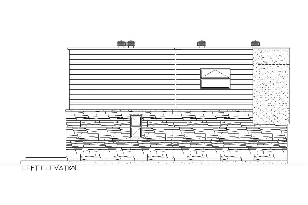 Left elevation house plan with horizontal siding above stone veneer, two small windows, and two rooftop vents.