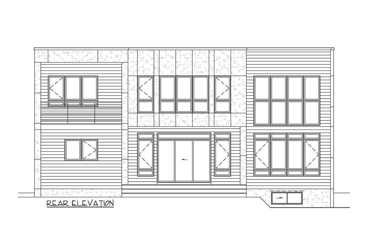 Rear elevation drawing of a two-story house with horizontal siding, a central glass door, and multiple window arrangements.