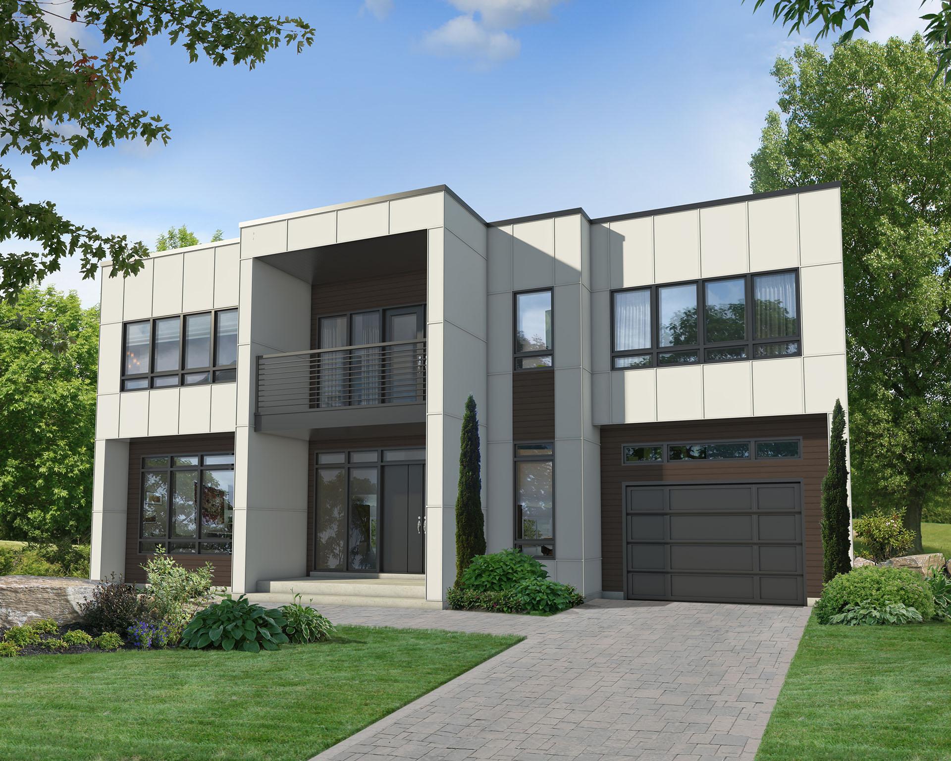 Modern two-story house plan exterior with horizontal siding, a second-story balcony, and an attached garage.