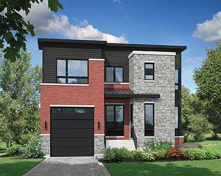 Modern two-story house plan exterior with brick, stone, horizontal siding, and a single-car garage.