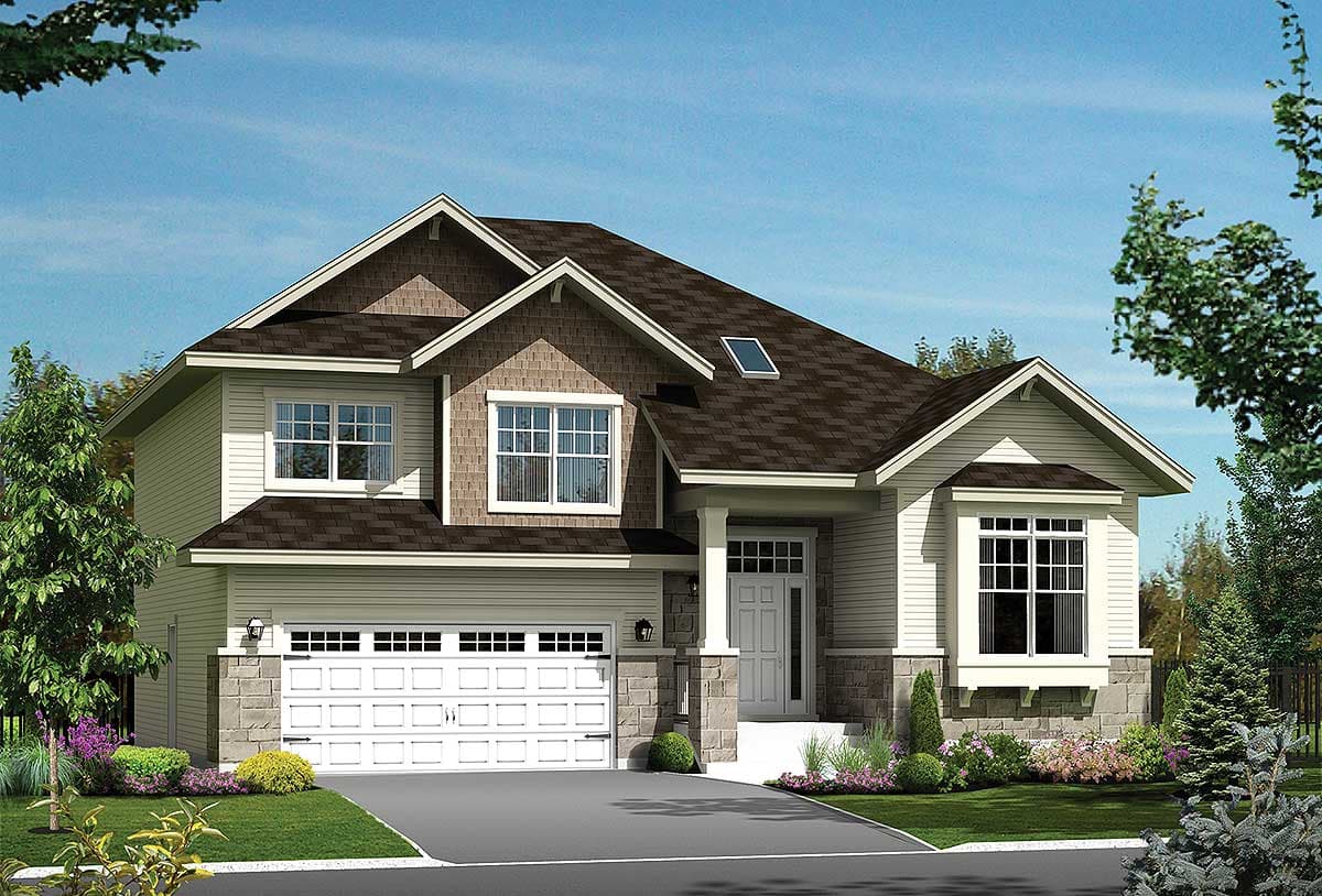 House plan exterior: Two-story home with attached two-car garage, prominent gables, stone accents, and a covered front entrance.