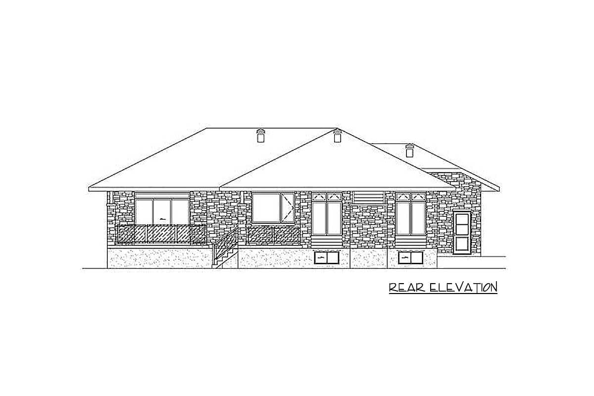 Rear elevation drawing of a one-story house plan with stone veneer, a covered deck, and multiple windows.