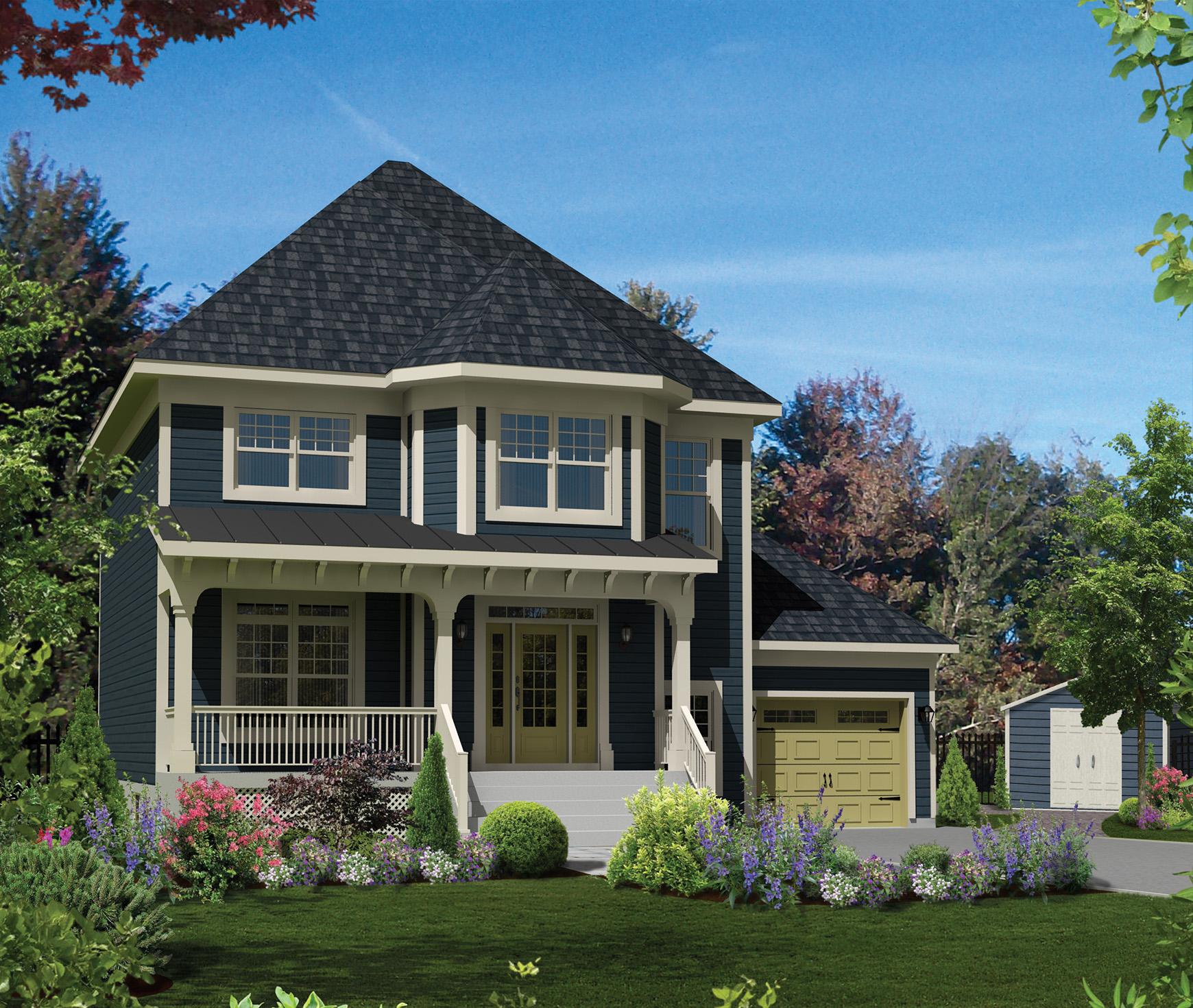 House plan exterior: two-story, dark blue siding, wide front porch with white railing, gabled roof, attached two-car garage.