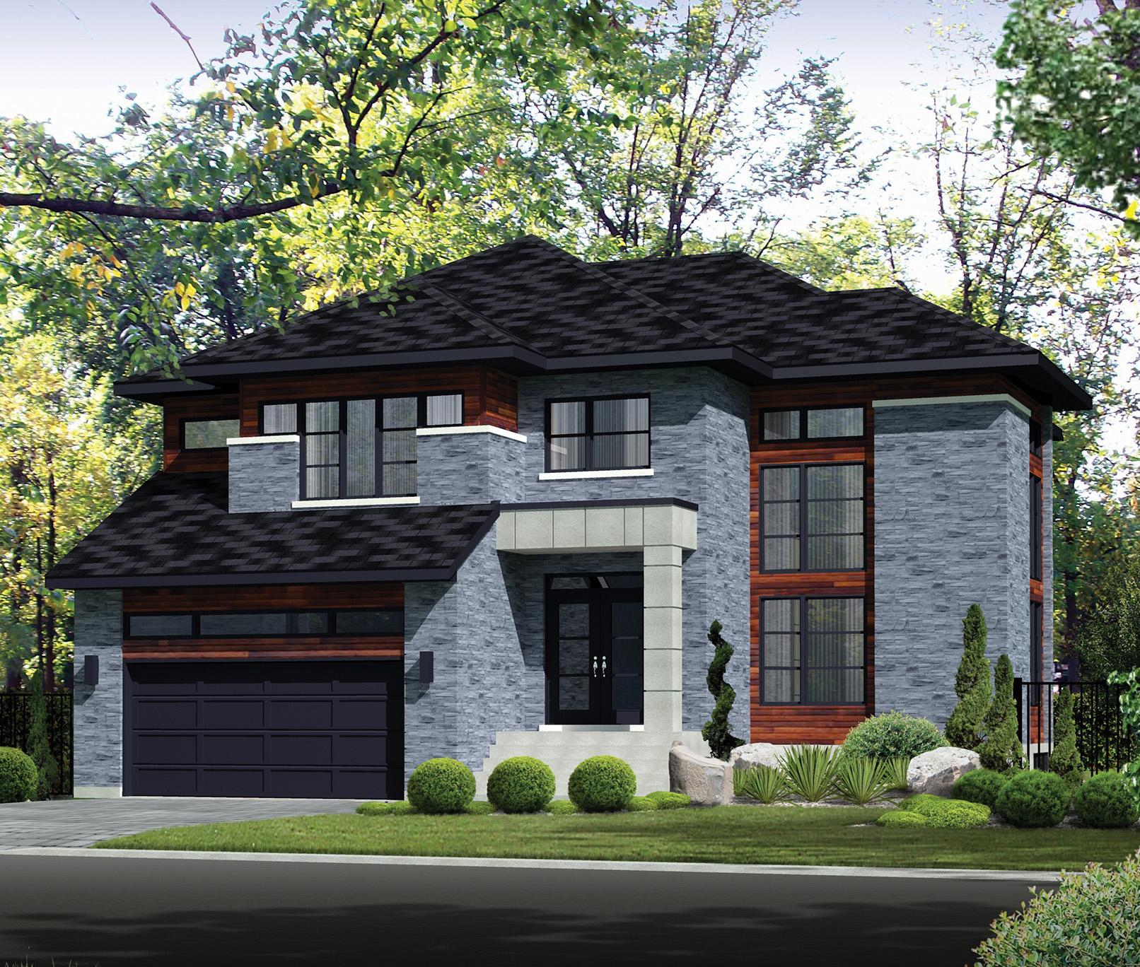 Modern two-story house plan exterior with stone siding, dark garage, prominent entrance, and wood accents.