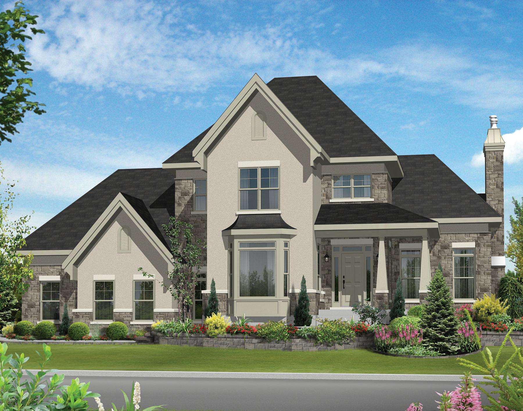 House plan exterior with stone accents, multiple gables, bay window, and covered front porch.