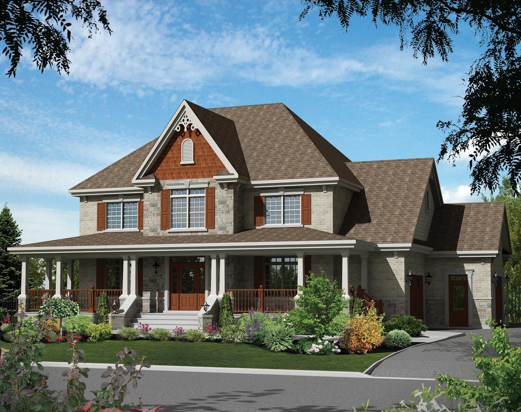 House plan exterior: Two-story home with wrap-around porch, stone facade, and prominent gable.