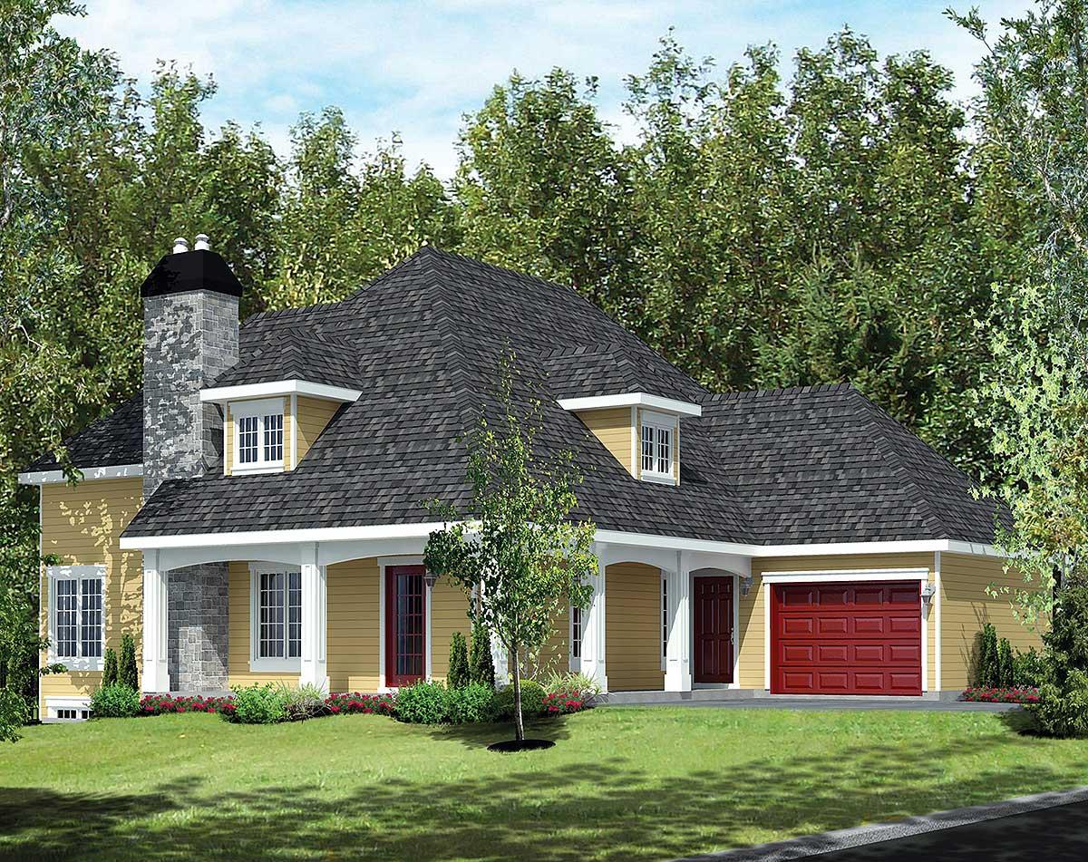 House plan exterior: Traditional style, one-story, with stone chimney, covered porch, dormers, and attached garage.