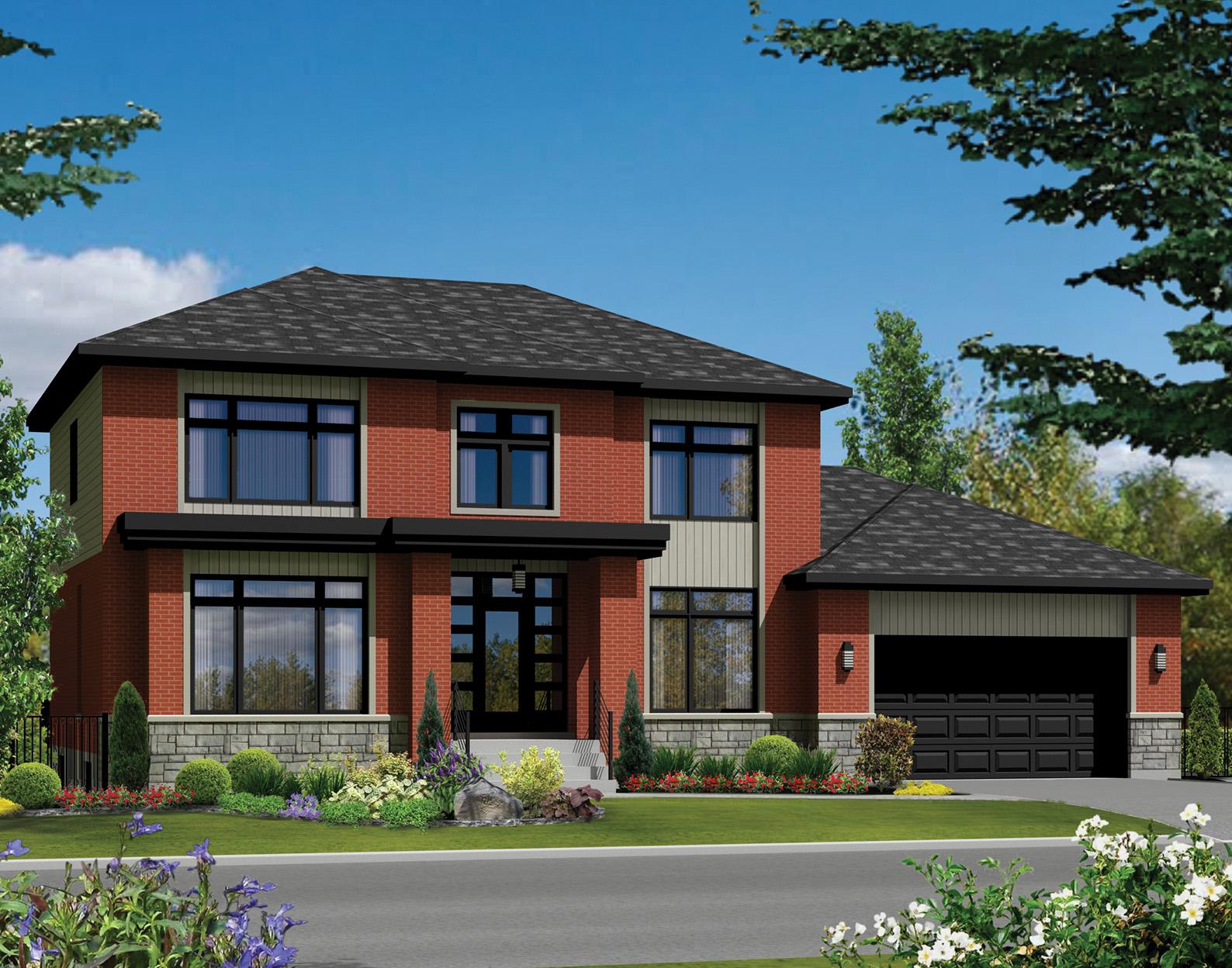 House plan exterior of two-story modern home with brick facade, large windows, covered entryway, and attached garage.