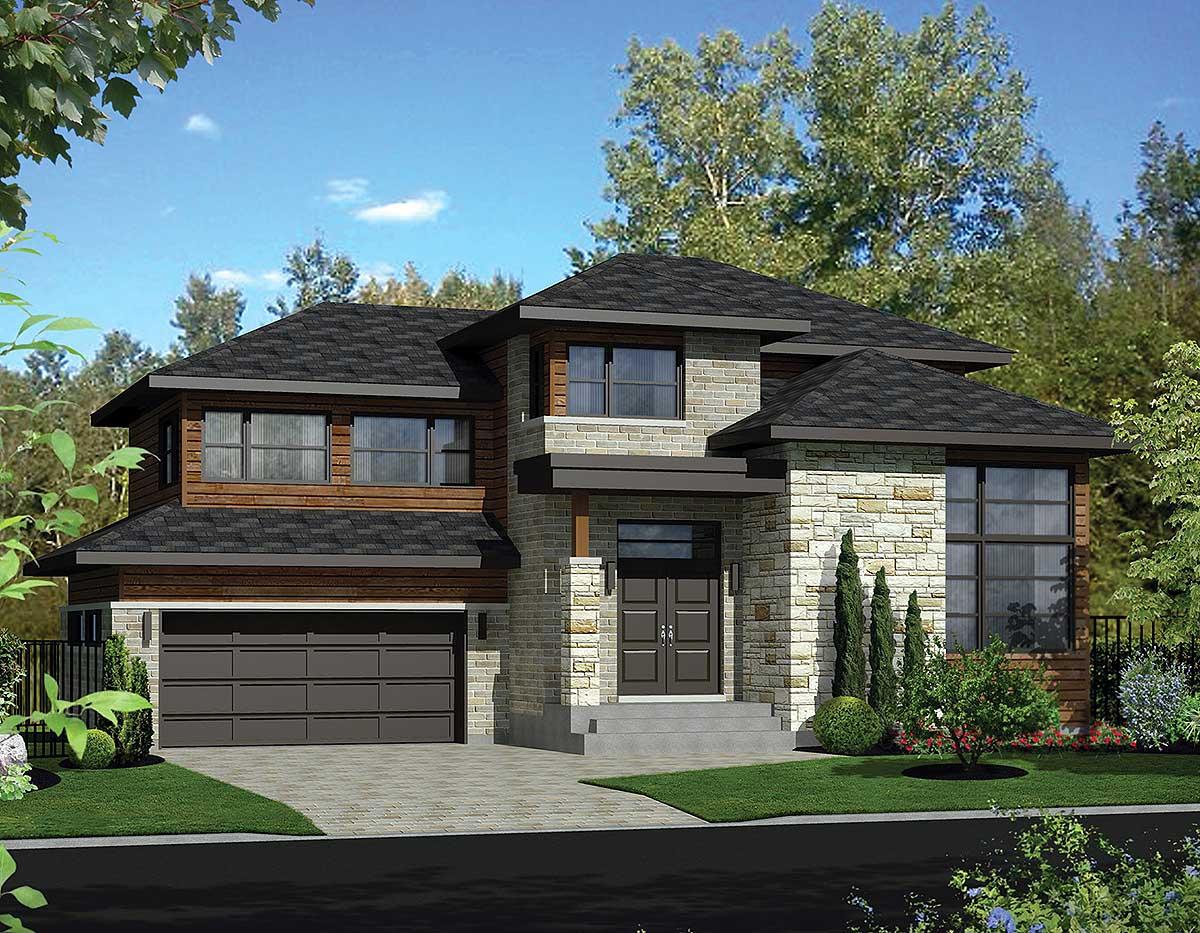 Two-story house plan exterior with stone and wood siding, prominent gables, a covered entry, and a detached garage.