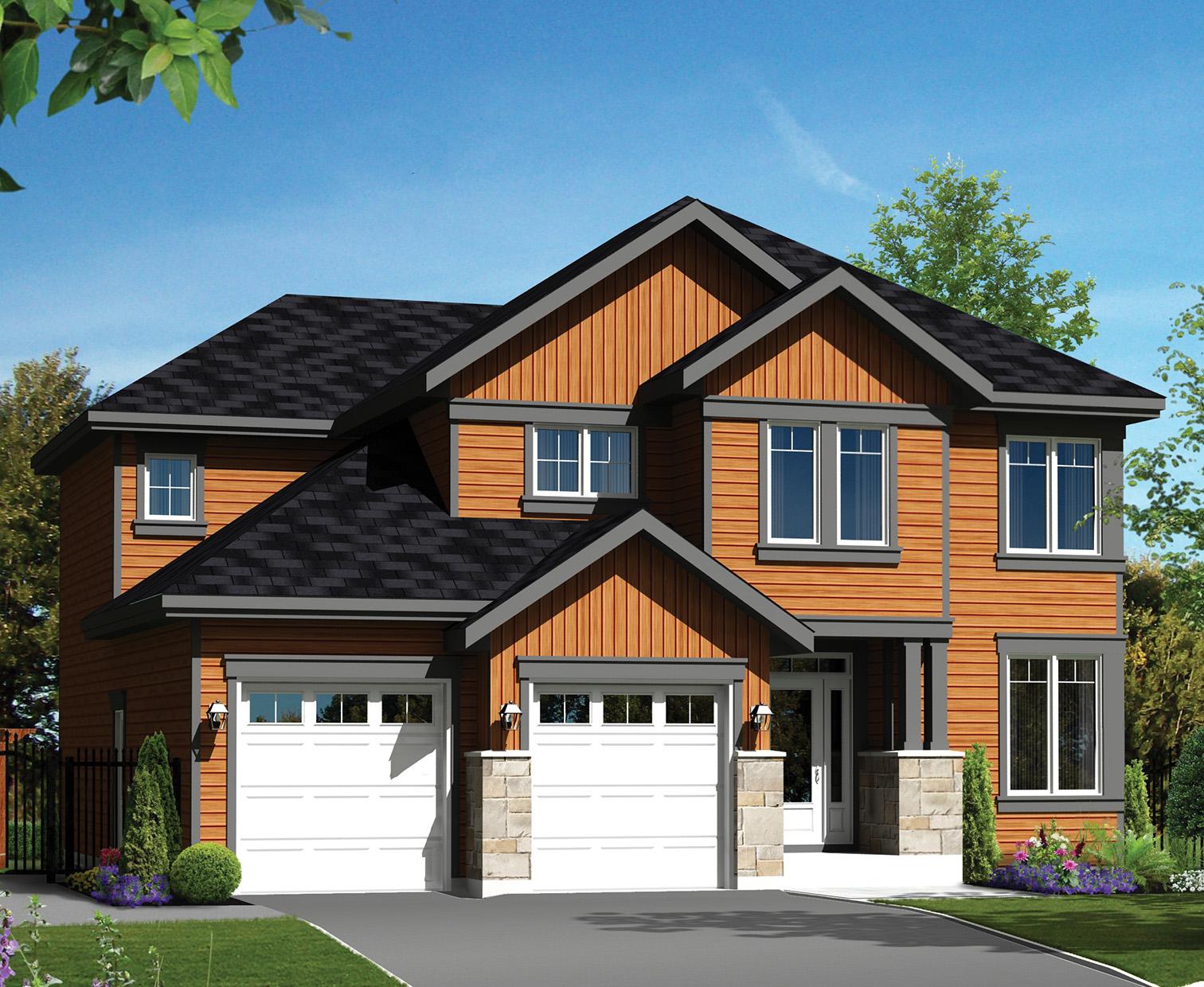 House plan exterior: Two-story modern home with prominent gables, a large dark roof, vertical siding, and a triple-car garage.