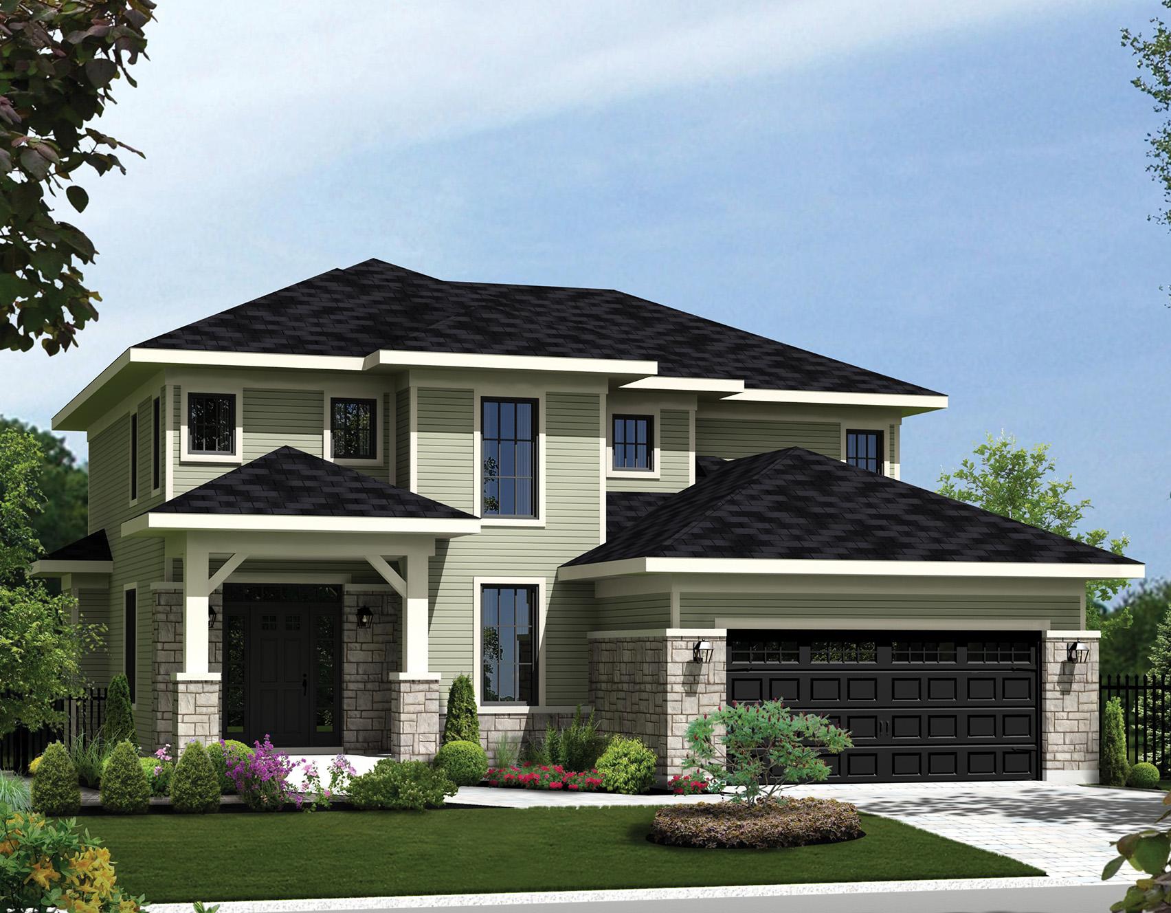 House plan exterior: two-story home with covered entry, stone accents, gabled roofs, and a two-car garage.