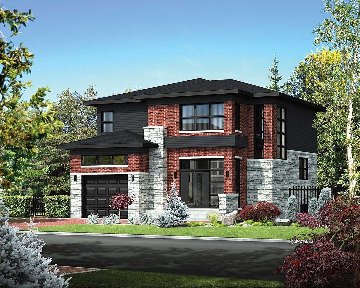 Two-story modern house plan exterior with brick, stone facade, attached garage, and large windows.