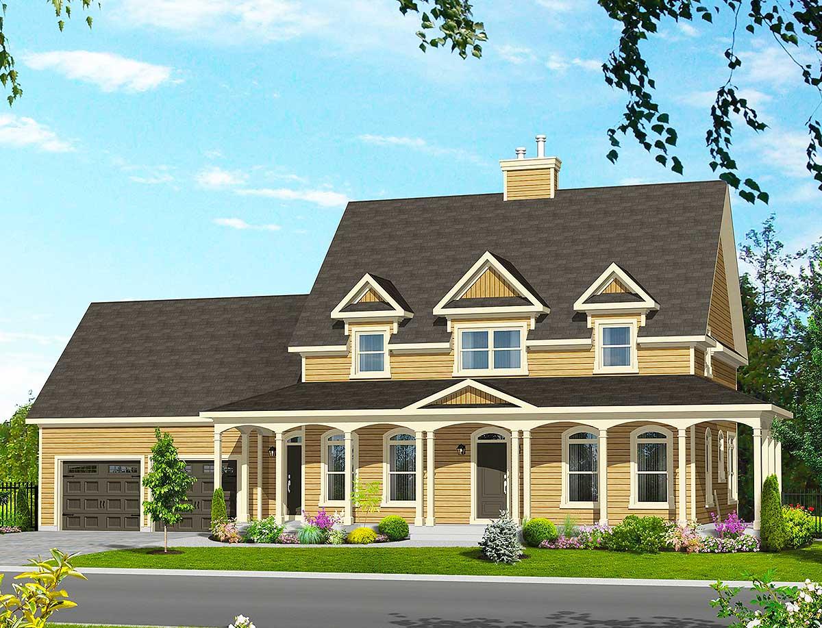 House plan exterior of a two-story home with a wraparound porch, dormers, and attached two-car garage.