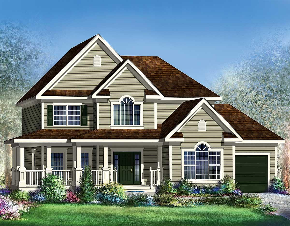 House plan exterior: Two-story dwelling with front porch, multiple gables, arched windows, and attached garage.