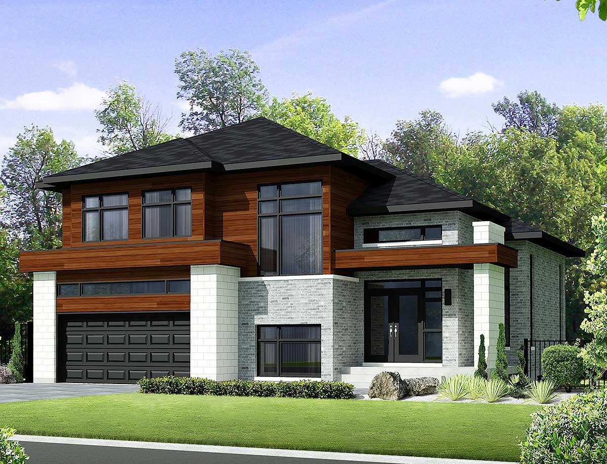 Modern house plan exterior with two stories, stone and wood siding, and a large attached garage.
