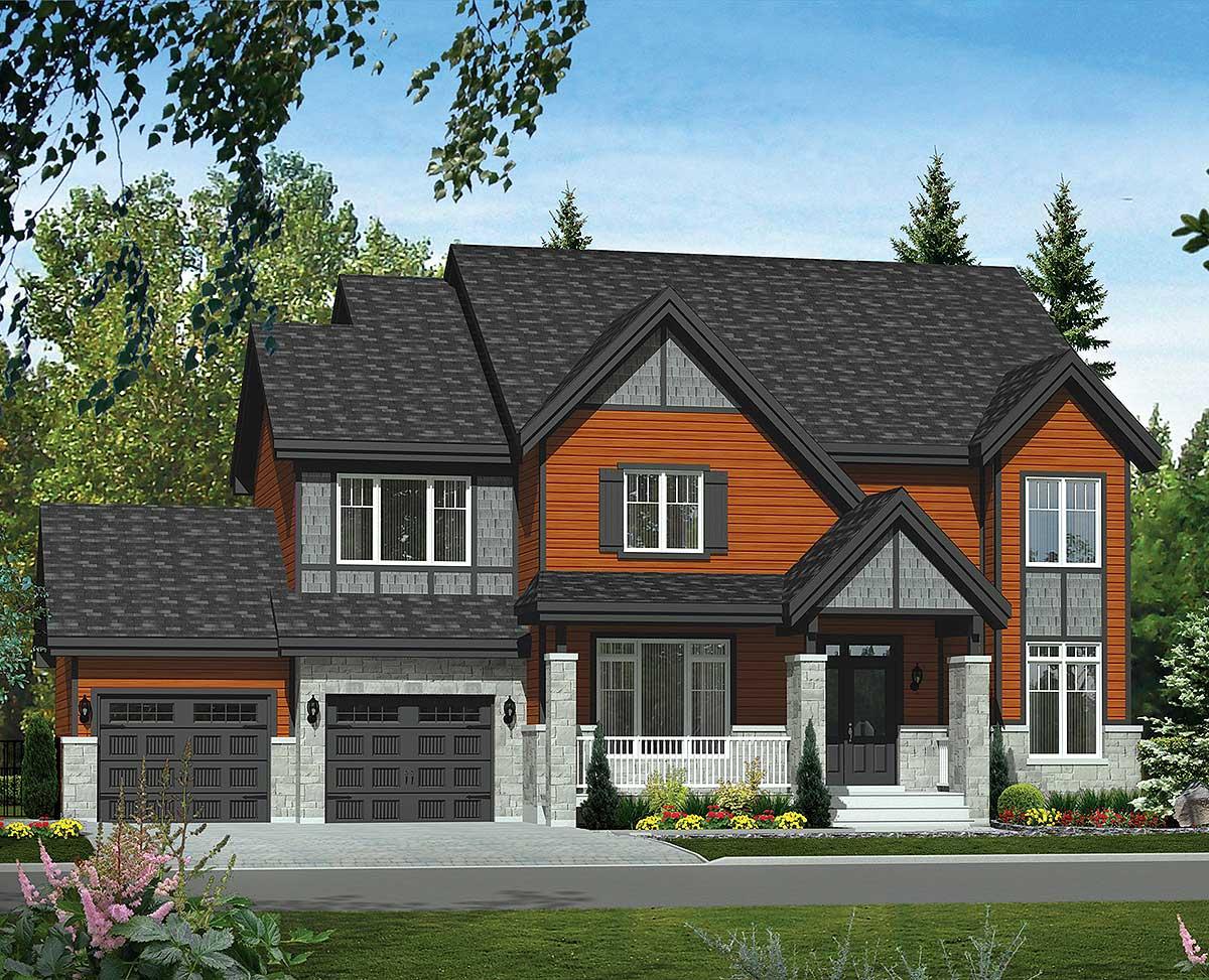 House plan exterior: Two-story home with a covered front porch, two-car garage, dormers, and varied siding.