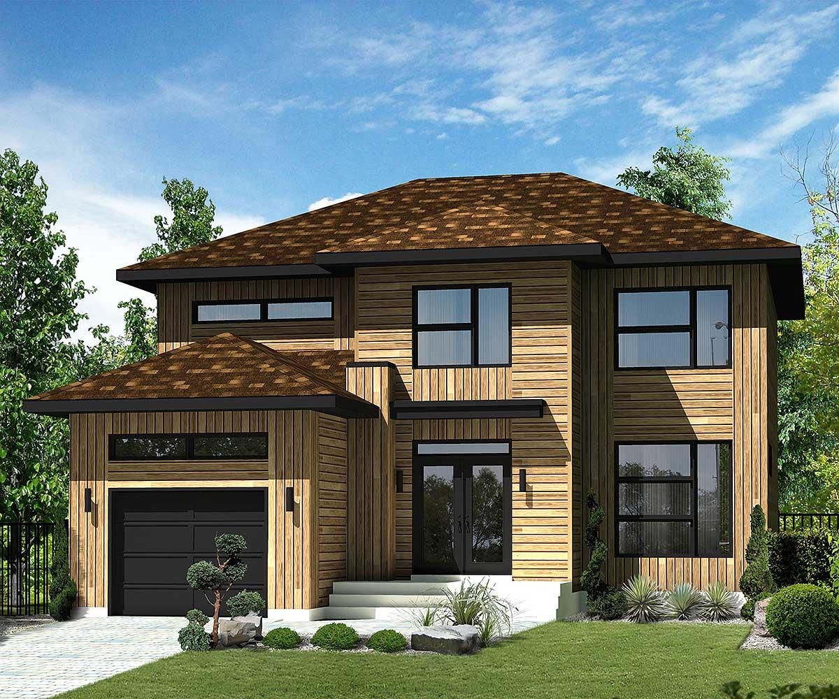 Modern two-story house plan exterior with wood siding, gabled roof, and attached garage.
